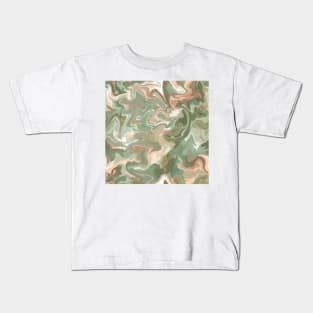 Desert Sage Silk Marble - Light Sage Green, Peach, and Off White Liquid Paint Pattern Kids T-Shirt